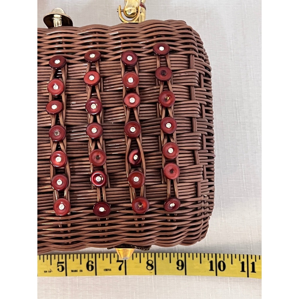 Walborg Wicker Handbag Women Small Brown Good Vintage Beaded Handle Rhinestone - Picture 9 of 12